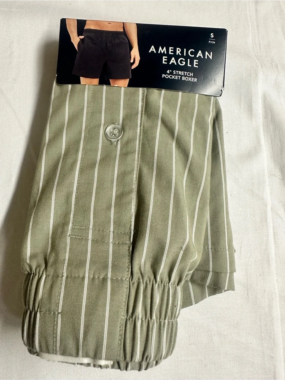 American Eagle Olive Green Pinstripe Pocket Boxers with Button Fly